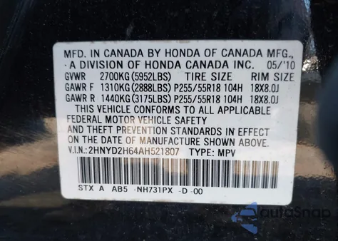 2010 Acura Mdx Technology Package from USA, damaged, VIN 2HNYD2H64AH521807